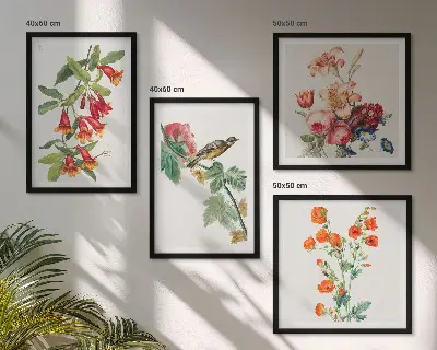 Ensemble de 4 tableaux motif oiseau rétro à fleurs peintes