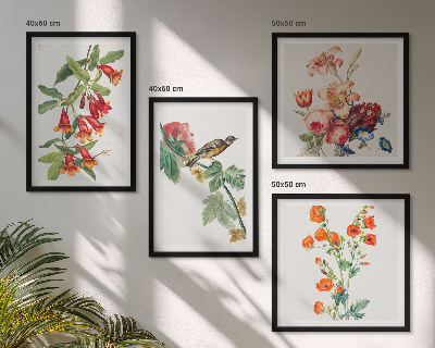 Ensemble de 4 tableaux Oiseau rétro à fleurs peintes