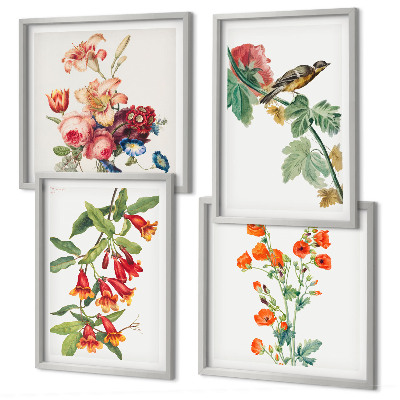 Ensemble de 4 tableaux Oiseau rétro à fleurs peintes