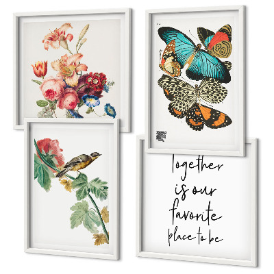 Ensemble de 4 tableaux Fleurs, papillons, oiseaux, pastel