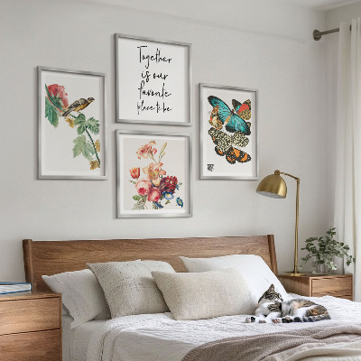 Ensemble de 4 tableaux Fleurs, papillons, oiseaux, pastel