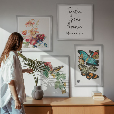 Ensemble de 4 tableaux Fleurs, papillons, oiseaux, pastel