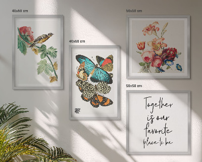 Ensemble de 4 tableaux Fleurs, papillons, oiseaux, pastel