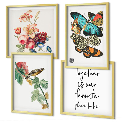 Ensemble de 4 tableaux Fleurs, papillons, oiseaux, pastel
