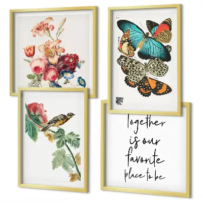 Ensemble de 4 tableaux représentant des fleurs, des papillons et des oiseaux dans des tons pastel