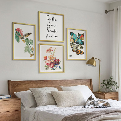 Ensemble de 4 tableaux Fleurs, papillons, oiseaux, pastel
