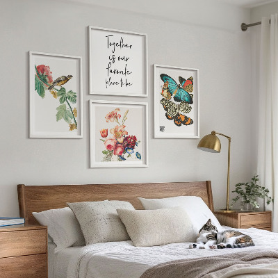 Ensemble de 4 tableaux Fleurs, papillons, oiseaux, pastel