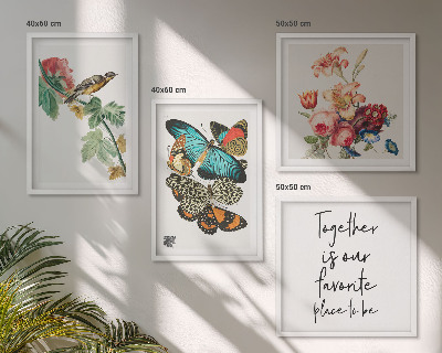 Ensemble de 4 tableaux Fleurs, papillons, oiseaux, pastel