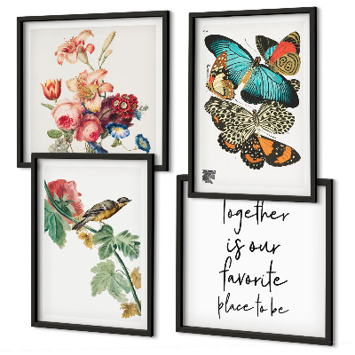 Ensemble de 4 tableaux Fleurs, papillons, oiseaux, pastel