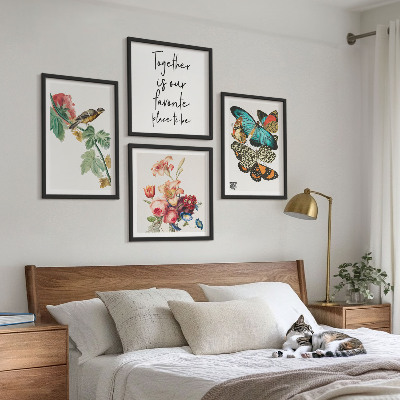 Ensemble de 4 tableaux Fleurs, papillons, oiseaux, pastel