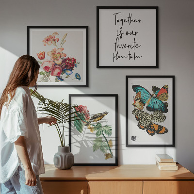 Ensemble de 4 tableaux Fleurs, papillons, oiseaux, pastel