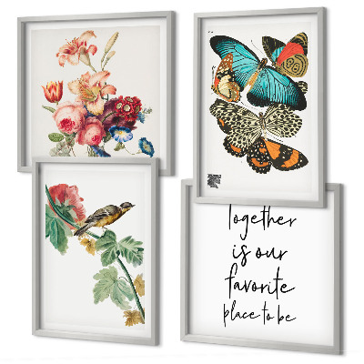 Ensemble de 4 tableaux Fleurs, papillons, oiseaux, pastel