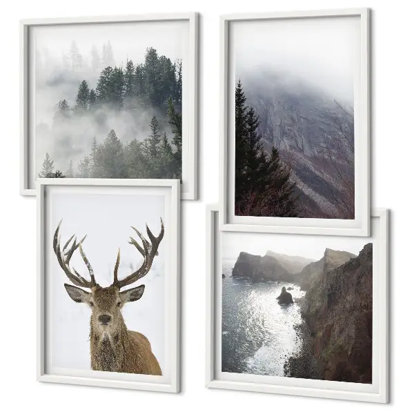 Mur de tableaux paysage de montagne avec cerf dans le brouillard