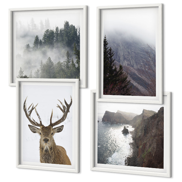 Mur de tableaux Paysage de montagne brouillard cerf