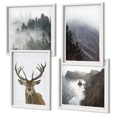 Mur de tableaux paysage de montagne avec cerf dans le brouillard