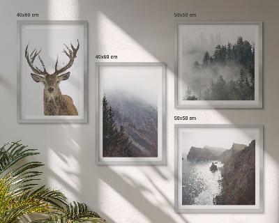 Mur de tableaux Paysage de montagne brouillard cerf