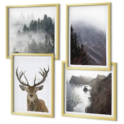 Mur de tableaux paysage de montagne avec cerf dans le brouillard