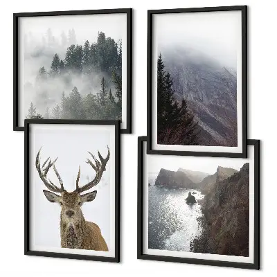 Mur de tableaux paysage de montagne avec cerf dans le brouillard