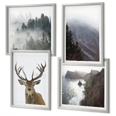 Mur de tableaux paysage de montagne avec cerf dans le brouillard
