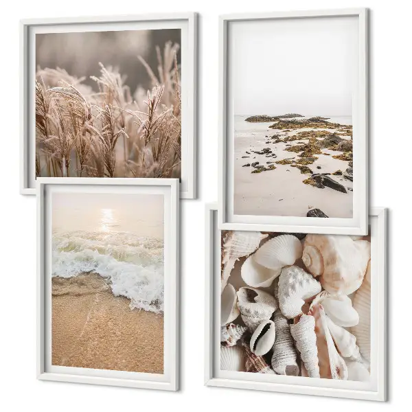 Ensemble de 4 tableaux représentant une plage avec des herbes des vagues et des pierres dans un style bohème