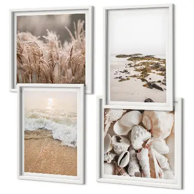 Ensemble de 4 tableaux représentant une plage avec des herbes des vagues et des pierres dans un style bohème
