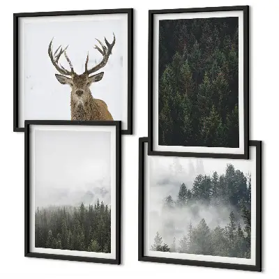 Tableau polyptyque 4 cadres forêts vertes et paysage brumeux