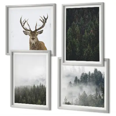Tableau polyptyque 4 cadres forêts vertes et paysage brumeux