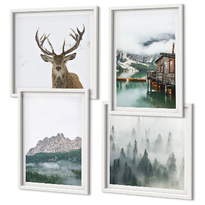 Mur de tableaux Montagnes, lac, cerf, cabane, brouillard