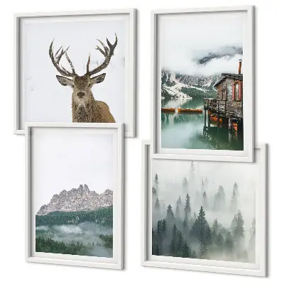 Mur de tableaux représentant des montagnes, un lac, un cerf, une cabane et du brouillard