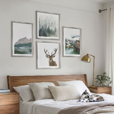 Mur de tableaux Montagnes, lac, cerf, cabane, brouillard
