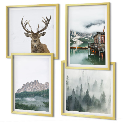 Mur de tableaux Montagnes, lac, cerf, cabane, brouillard