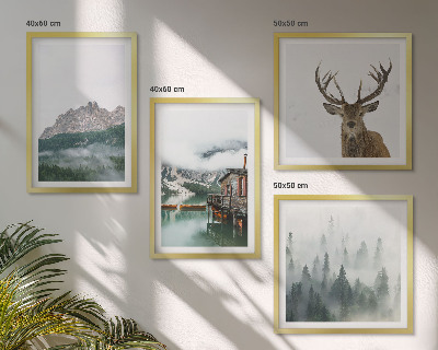 Mur de tableaux Montagnes, lac, cerf, cabane, brouillard