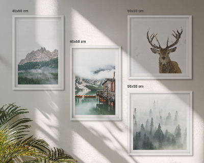 Mur de tableaux Montagnes, lac, cerf, cabane, brouillard