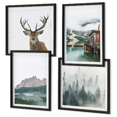 Mur de tableaux Montagnes, lac, cerf, cabane, brouillard