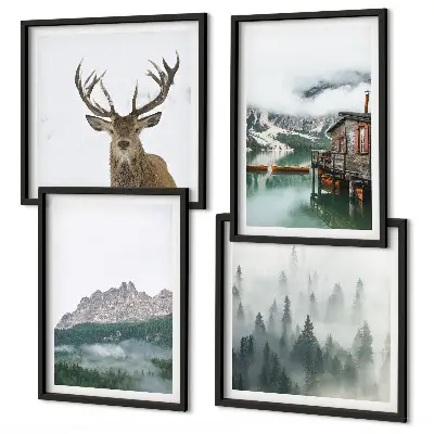 Mur de tableaux représentant des montagnes, un lac, un cerf, une cabane et du brouillard