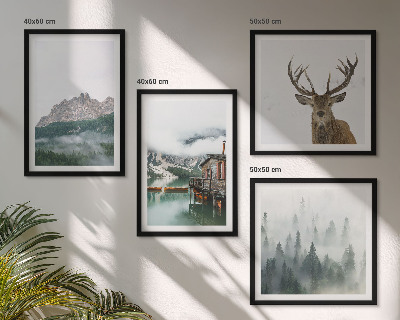 Mur de tableaux Montagnes, lac, cerf, cabane, brouillard