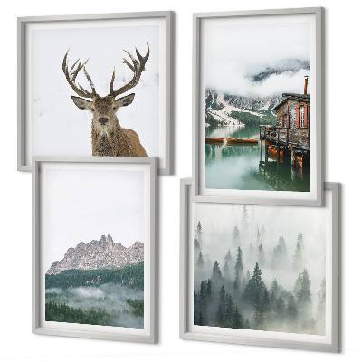 Mur de tableaux Montagnes, lac, cerf, cabane, brouillard