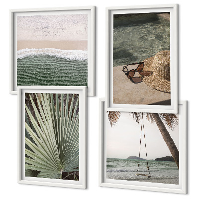 Ensemble de 4 tableaux Vacances à la plage avec balançoire et feuilles