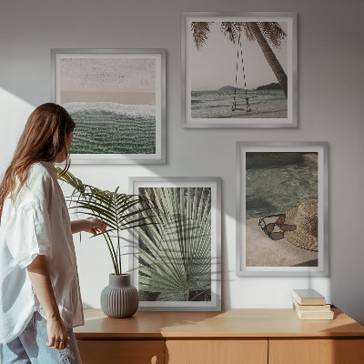 Ensemble de 4 tableaux Vacances à la plage avec balançoire et feuilles