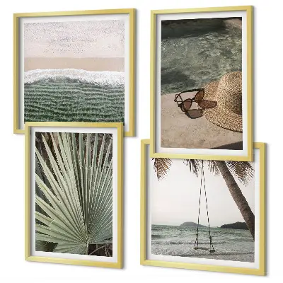 Ensemble de 4 tableaux représentant des vacances à la plage avec une balançoire et des feuilles