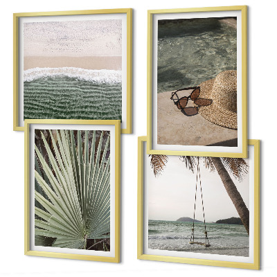 Ensemble de 4 tableaux Vacances à la plage avec balançoire et feuilles