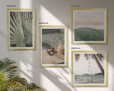 Ensemble de 4 tableaux représentant des vacances à la plage avec une balançoire et des feuilles