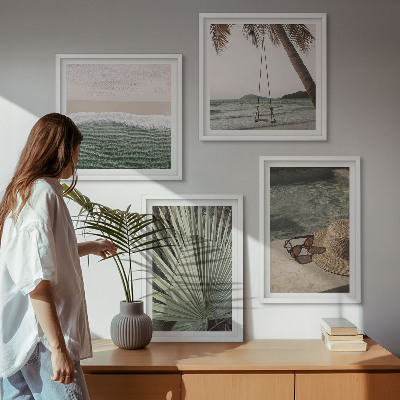 Ensemble de 4 tableaux Vacances à la plage avec balançoire et feuilles