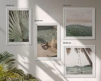 Ensemble de 4 tableaux représentant des vacances à la plage avec une balançoire et des feuilles