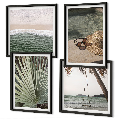 Ensemble de 4 tableaux Vacances à la plage avec balançoire et feuilles