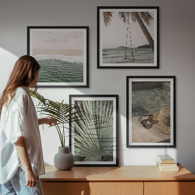 Ensemble de 4 tableaux Vacances à la plage avec balançoire et feuilles