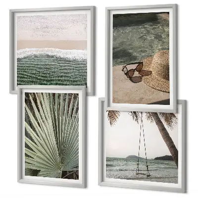 Ensemble de 4 tableaux représentant des vacances à la plage avec une balançoire et des feuilles