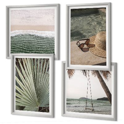 Ensemble de 4 tableaux Vacances à la plage avec balançoire et feuilles