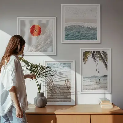 Ensemble de 4 tableaux représentant l'ambiance des escaliers en bois à la plage