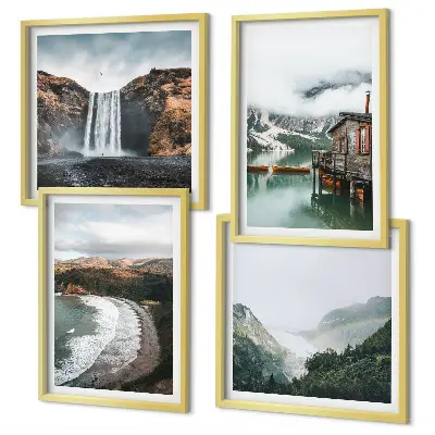 Mur de tableaux représentant des plages de montagne, des nuages et de l'eau